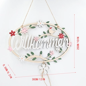 Detail of oval wooden welcome sign with colorful floral bird design and size measurements