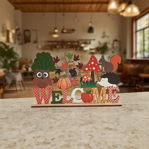 Detailed view of WELCOME wooden sign featuring hedgehog and squirrel autumn harvest motifs