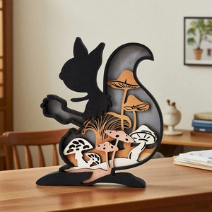 Handcrafted layered wood squirrel statue with forest landscape for desk decoration