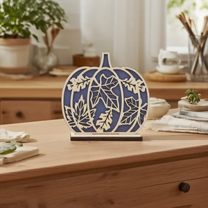 Detail of wooden pumpkin tabletop ornament with autumn maple leaf hollow carvings