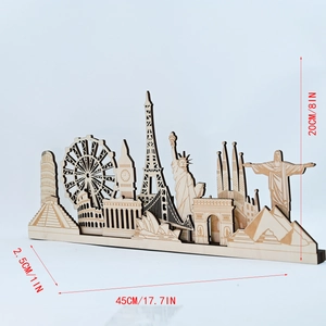 Laser cut wooden world landmark silhouettes including Eiffel Tower and Statue of Liberty