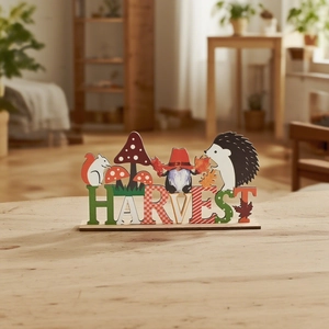 Harvest wooden table ornament featuring squirrel hedgehog and gnome for autumn decoration