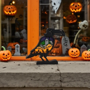 Halloween crow ornament with multi-layer laser cut wooden raven and graveyard scene