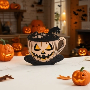 Halloween Wooden Pumpkin Coffee Cup Desktop Ornament Gothic Skeleton Hand Multi-Layer Laser Cut Wood Carving Party Decor