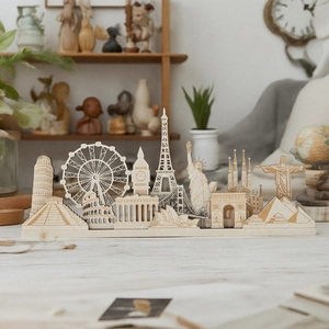 World Landmark Wooden Building Ornament Silhouette Laser Cut 3D Wood Decoration For Home Office Desk Art Sculpture Gift