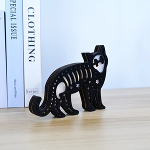 Halloween black cat wooden carved hollow light with warm LED for home table decoration