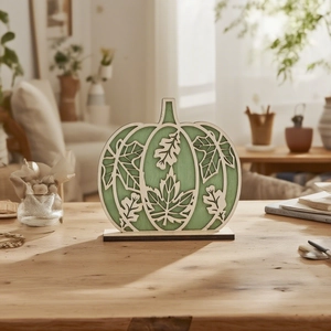 Macro view of multi-layered green wooden pumpkin carving with white maple leaf textures