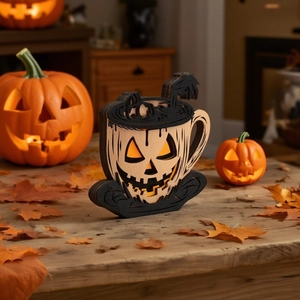 Halloween layered wooden pumpkin mug tabletop ornament with rustic maple leaf decor