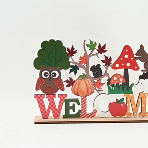 Wooden harvest welcome tabletop sign with owl, squirrel, pumpkin and maple leaves