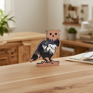 Handcrafted wooden owl carving with Halloween spooky elements for home decoration