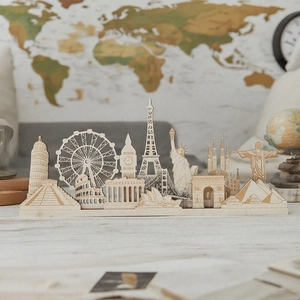 Laser-cut wooden world landmarks display with Big Ben, Eiffel Tower and London Eye