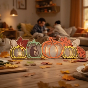 Macro shot of lighted wooden Thanksgiving ornament with pumpkin and hedgehog cutout