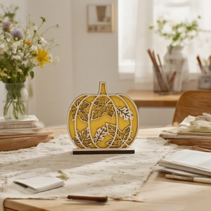 Detailed view of pumpkin-shaped wooden harvest decor with layered cutout leaf patterns