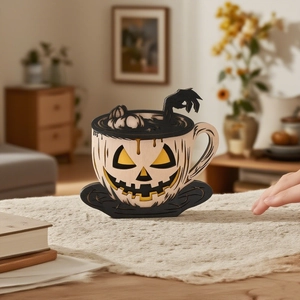 Halloween wooden pumpkin cup desk decor with laser cut jack-o-lantern and zombie hand
