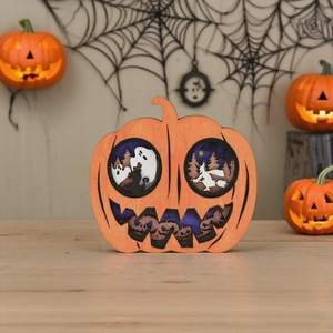 Halloween Wood Pumpkin Ornament 3D Multi-layer Hollow Carved Ghost Witch Pattern Decorative Sculpture For Home Party Decor