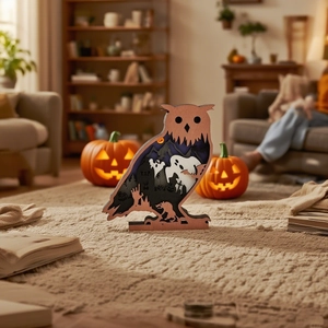 Detailed layered hollow carving of an owl wooden craft with spooky Halloween elements
