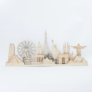 3D laser-cut wooden world landmark models featuring Eiffel Tower and Statue of Liberty