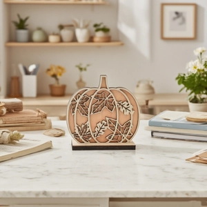 Macro detail of laser-cut wooden pumpkin decoration with maple leaf pattern on base
