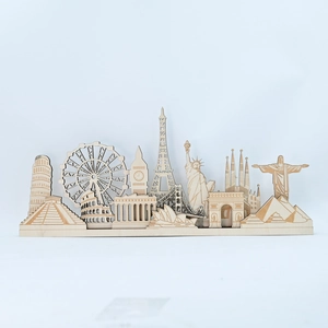 Detailed laser-cut wooden multi-layer ornament featuring famous global landmark silhouettes