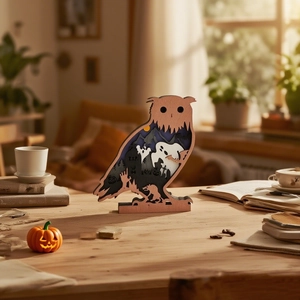 Detail of multi-layer wooden owl carving with Halloween ghost and tombstone scene