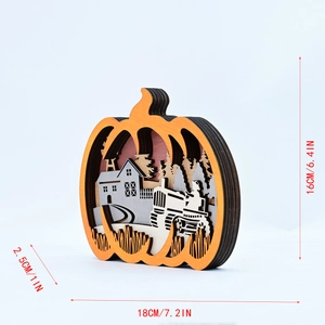 Detail of multi-layer wooden pumpkin decor showing 18x16x2.5cm dimensions and farm landscape