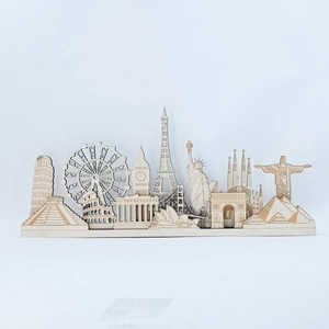 Macro detail of laser-cut wooden world landmarks including Eiffel Tower and Big Ben