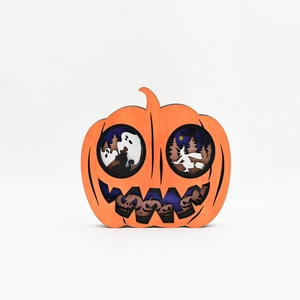 Halloween wood pumpkin decor with layered spooky forest, witch and ghost silhouette
