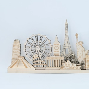 Macro detail of laser-cut wooden silhouettes featuring global architectural landmarks