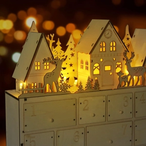 Wooden Christmas advent calendar with LED lighting and 24 drawers for holiday decor