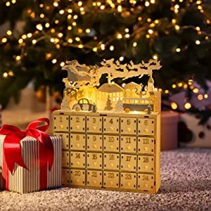 Wooden Christmas advent calendar with 24 drawers and LED lights featuring Santa and reindeer