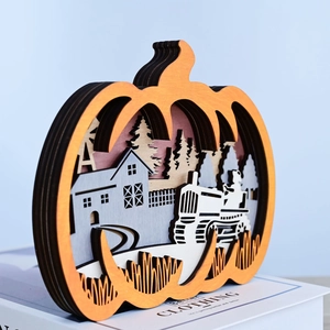 3D layered wooden pumpkin farm scene decor featuring barn and tractor for fall harvest