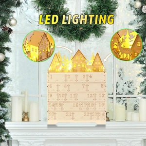 Detailed close-up of a wooden 24-day Advent calendar with LED lit reindeer silhouette scenes