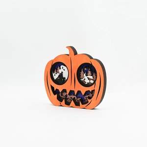 Creative 3D layered wooden pumpkin ornament with ghost and wizard carvings for Halloween