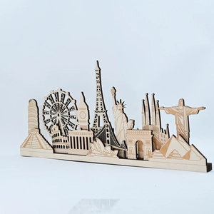 Laser-cut wooden world landmarks silhouette decor including Eiffel Tower and Colosseum