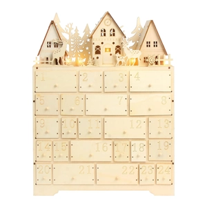 Wooden Christmas advent calendar with LED lights and 24 drawers featuring festive deer scene