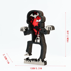 Detail view of 7.6-inch wooden zombie decor with dimensions and layered cutout details