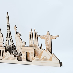 Handcrafted wooden world landmark silhouettes including Eiffel Tower and Statue of Liberty