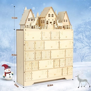 Macro detail of wooden 24-day advent calendar with laser-cut LED village scene