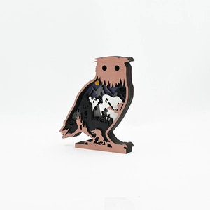 Halloween wooden owl decor with 3D multi-layer laser cut spooky forest scene