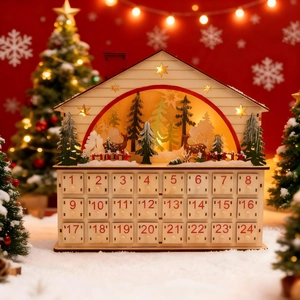 Calendrier De L'avent De Noël En Bois Avec Lumières LED Design Forêt Renne Compte À Rebours Décoration De Maison
