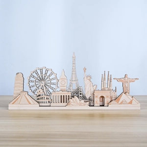3D wooden laser-cut world landmark ornaments featuring Eiffel Tower and Colosseum