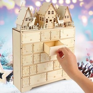 Wooden Christmas Advent Calendar with 24 drawers and a lighted miniature village scene