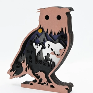 Halloween owl wooden ornament with multi-layer spooky ghost and pumpkin scene