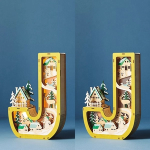 Wooden letter J Christmas ornament with LED warm light and miniature winter scenery