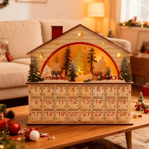 Calendrier de l'Avent en bois avec LED, décor de cerf et 24 tiroirs de rangement