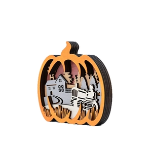 Multi-layer wooden pumpkin decor with carved farm landscape for fall harvest styling