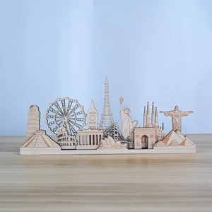 Detailed close-up of 3D wooden world landmarks featuring laser-cut Eiffel Tower and Big Ben