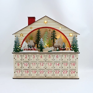 Calendrier de l'Avent en bois avec lumières LED et décor de scène de forêt de Noël