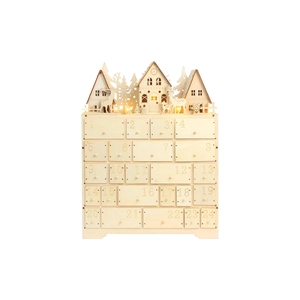 Detailed view of LED-lit wooden Advent calendar with 24 drawers and reindeer landscape