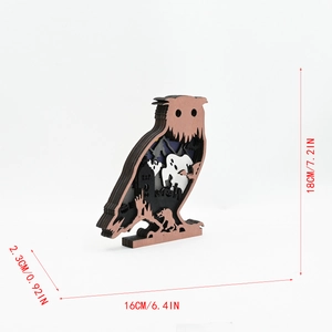 Detailed laser-cut layers of owl ornament showing ghost and tombstone dimensions